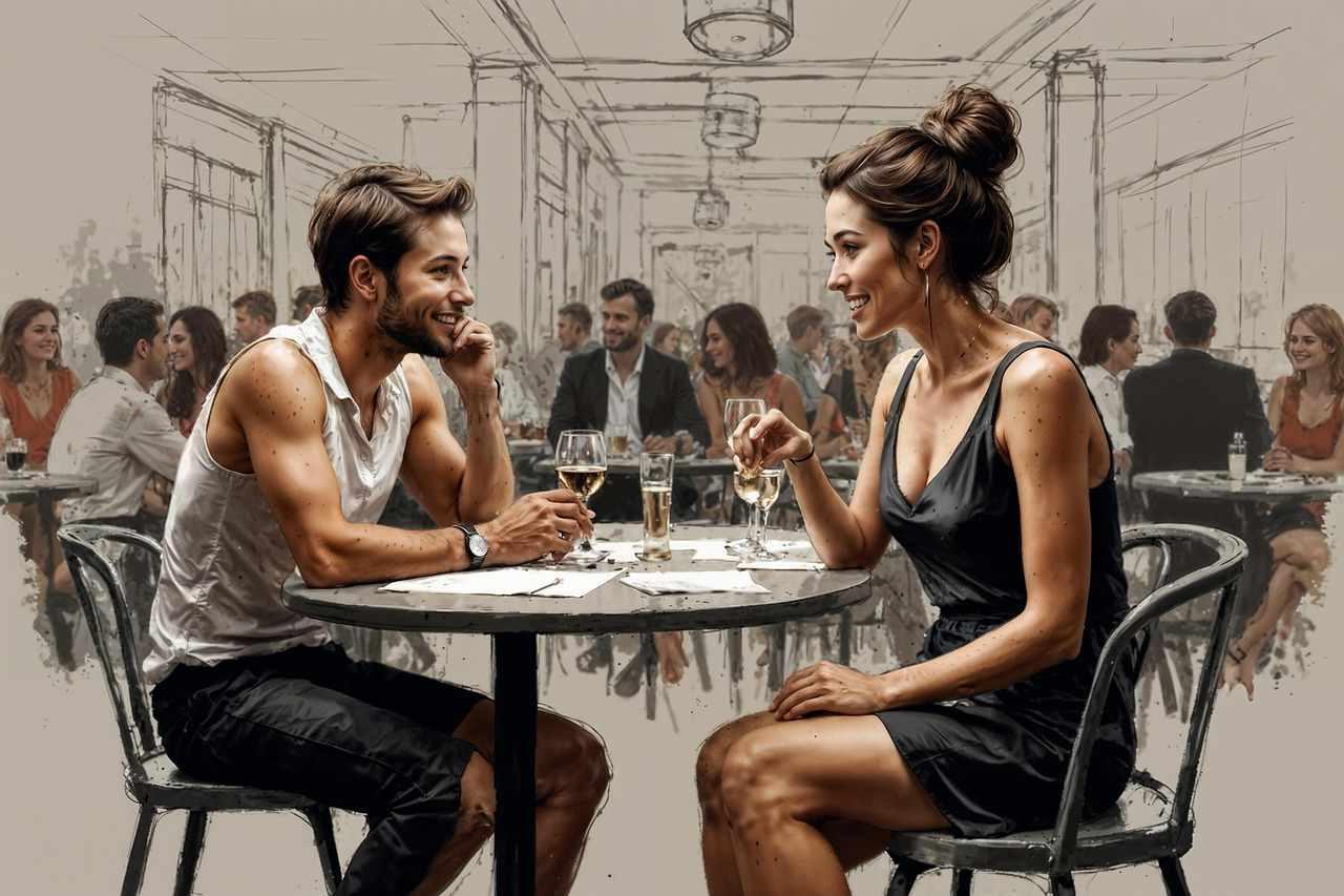 会話中に相手の言葉にリアクションする男性と、それに笑顔で応える女性のイラスト