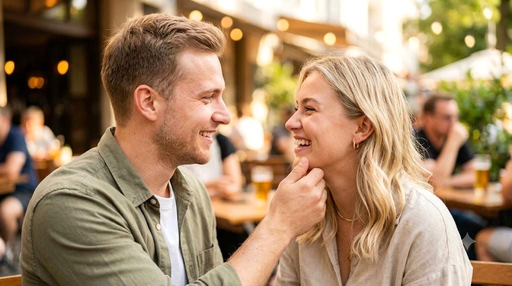 明るく笑い合うカップルや男女グループの楽しげな会話シーン