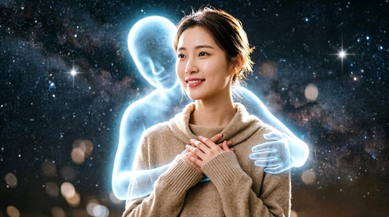 明るい未来を見上げて笑顔で歩く男性の後ろ姿と爽やかな空