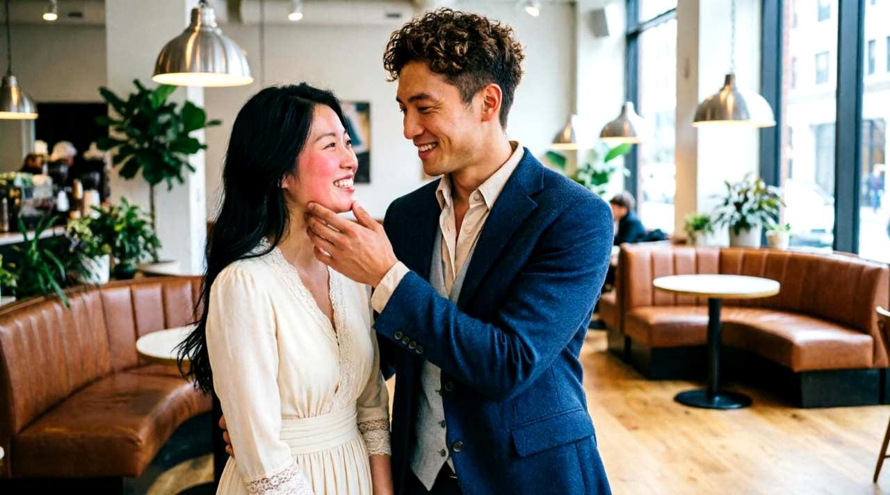 カフェで初デート中、男性が誠実な態度で女性と向き合っている場面