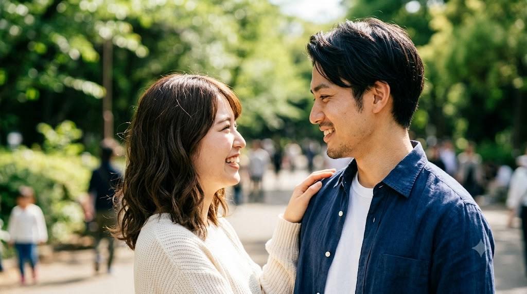店の価格帯に左右されず好印象を残す落ち着いた男性と笑顔の女性のデート風景