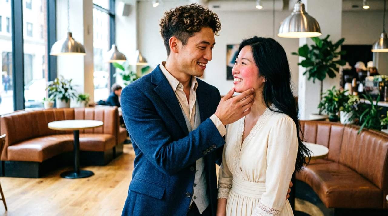 対等に会話を楽しむカップルのシルエットと温かい光