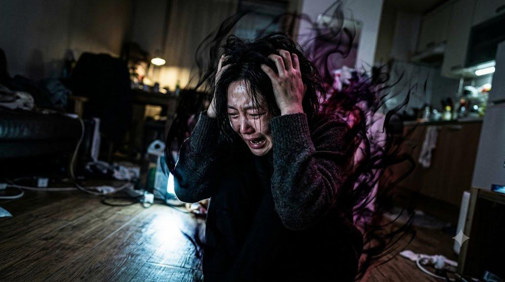 鏡を見て髪型に悩む広いおでこの男性の表情