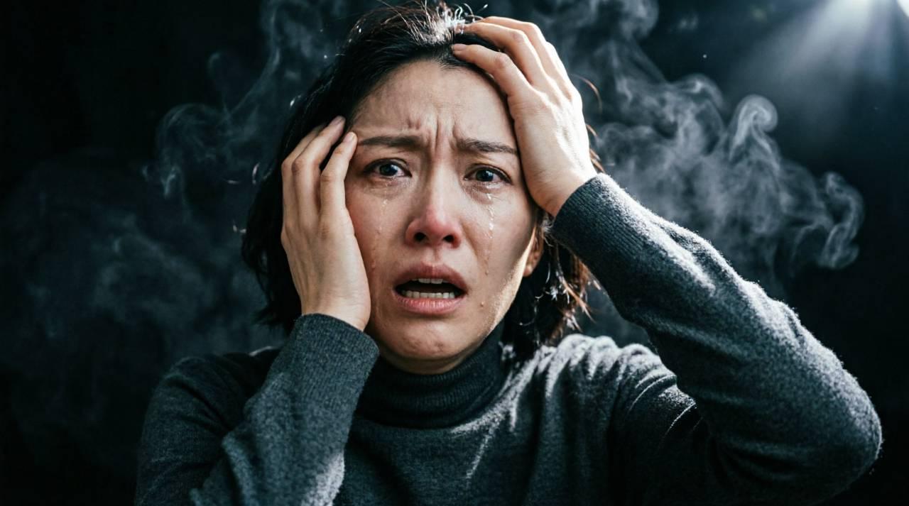 鏡の前で自分の頭頂部を気にしながらうつむく男性の後ろ姿